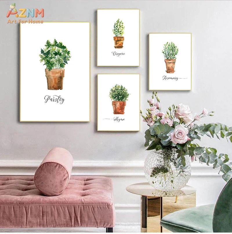 Plant Pot - AZNM Suluboya Bitki Desenli Kanvas Duvar